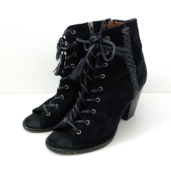 Frye Danica Black Suede Lace Up Ankle Boots Open Toe - Picture 4 of 9